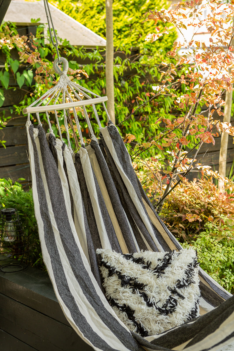 Black and white striped hammock