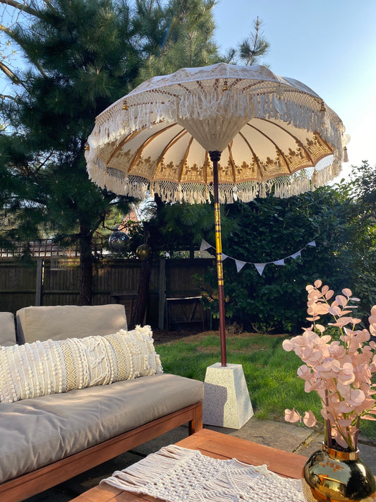 Ivory and gold fringed parasol