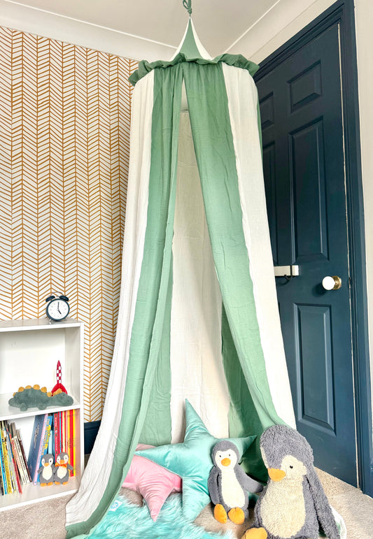 Sage green stripe circus canopy play tent